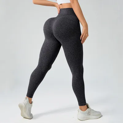 Women Solid Color Threaded High Waist Yoga Leggings
