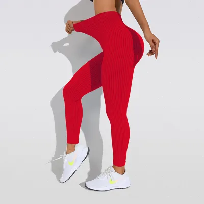 Women Solid Color Threaded High Waist Yoga Leggings