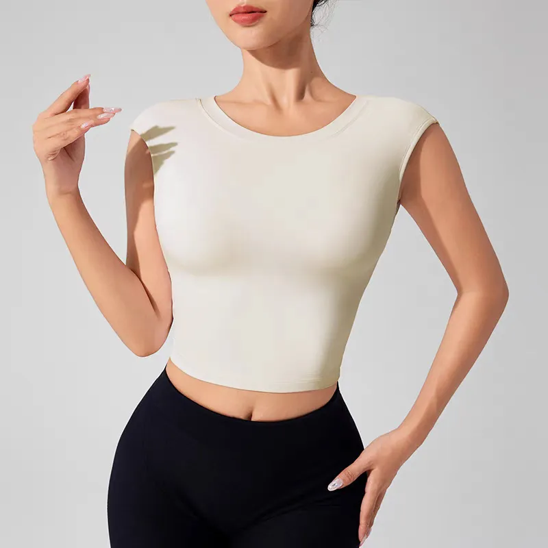 Women Sexy Solid Color Short-Sleeve Backless Sports T-Shirt