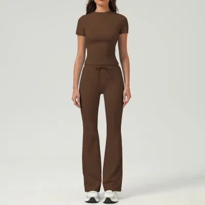Women Casual Solid Color Short-Sleeve Slim Fit T-Shirt Flared Pants Yoga Sports Two-Piece Set