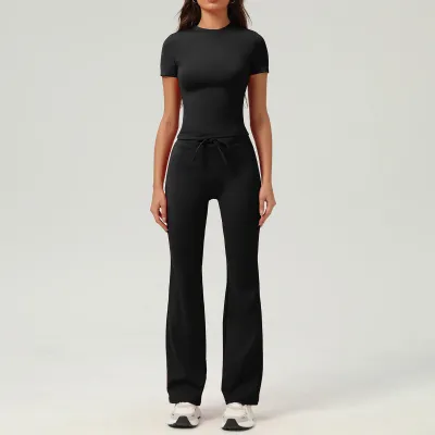 Women Casual Solid Color Short-Sleeve Slim Fit T-Shirt Flared Pants Yoga Sports Two-Piece Set