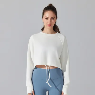 Women Casual Solid Color Long Sleeve Drawstring Sports Sweatshirt