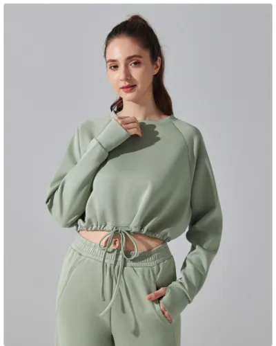 Women Casual Solid Color Long Sleeve Drawstring Sports Sweatshirt