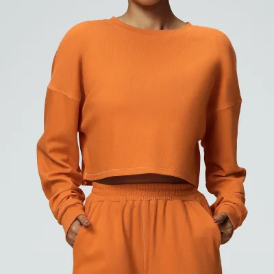 Women Casual Sports Sweatshirt Autumn Winter Solid Color Round Neck Long Sleeve Loose Fit
