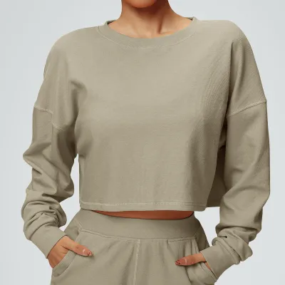 Women Casual Sports Sweatshirt Autumn Winter Solid Color Round Neck Long Sleeve Loose Fit