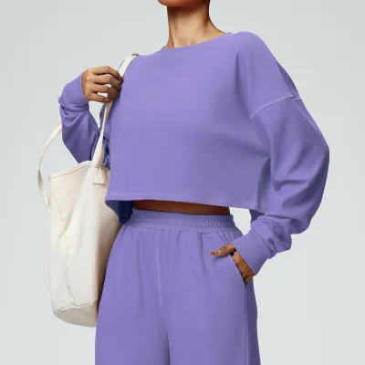 Women Casual Sports Sweatshirt Autumn Winter Solid Color Round Neck Long Sleeve Loose Fit