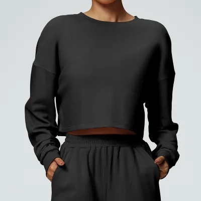 Women Casual Sports Sweatshirt Autumn Winter Solid Color Round Neck Long Sleeve Loose Fit