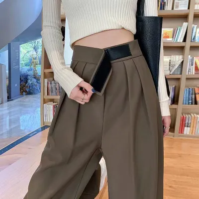 Pantalones anchos de pierna con velcro para mujer, de color liso, informales