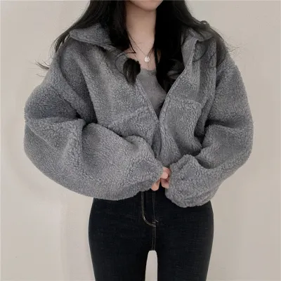 Women Winter Solid Color Plush Crop Sweatshirt