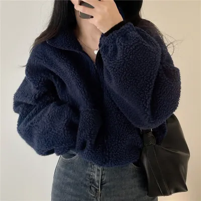 Women Winter Solid Color Plush Crop Sweatshirt