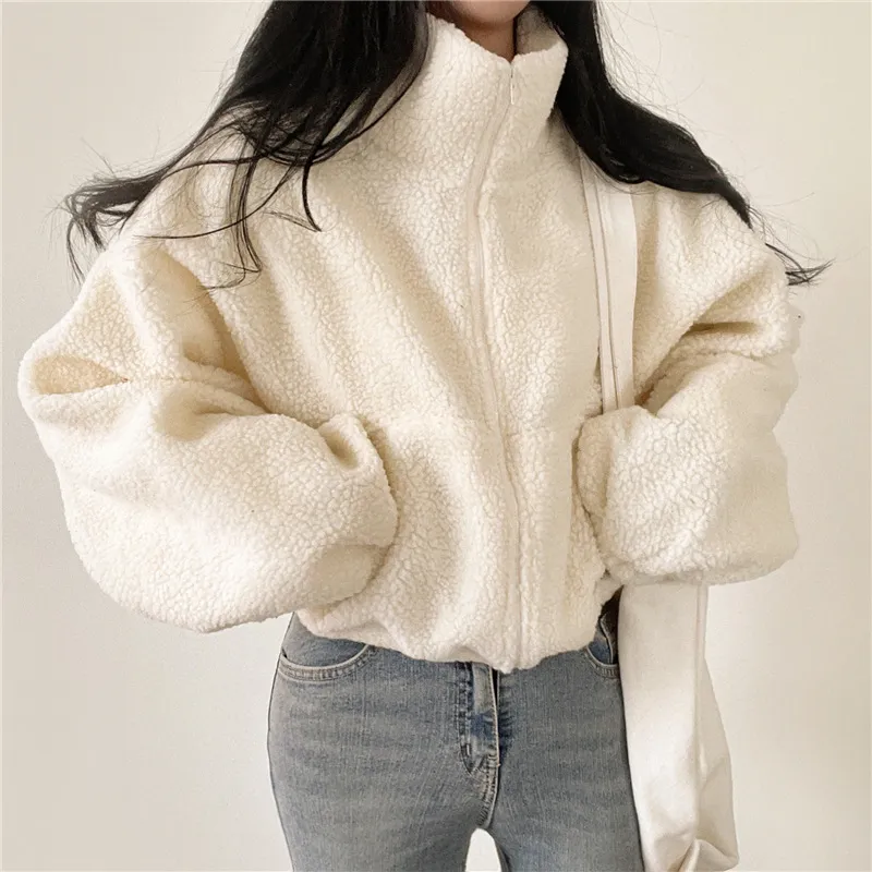 Women Winter Solid Color Plush Crop Sweatshirt