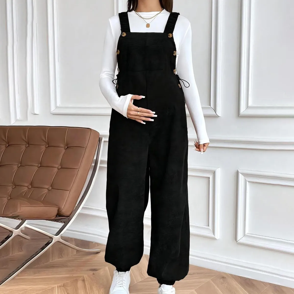 Pregnant Women Casual Solid Color Corduroy Sleeveless Adjustable Loose Jumpsuit