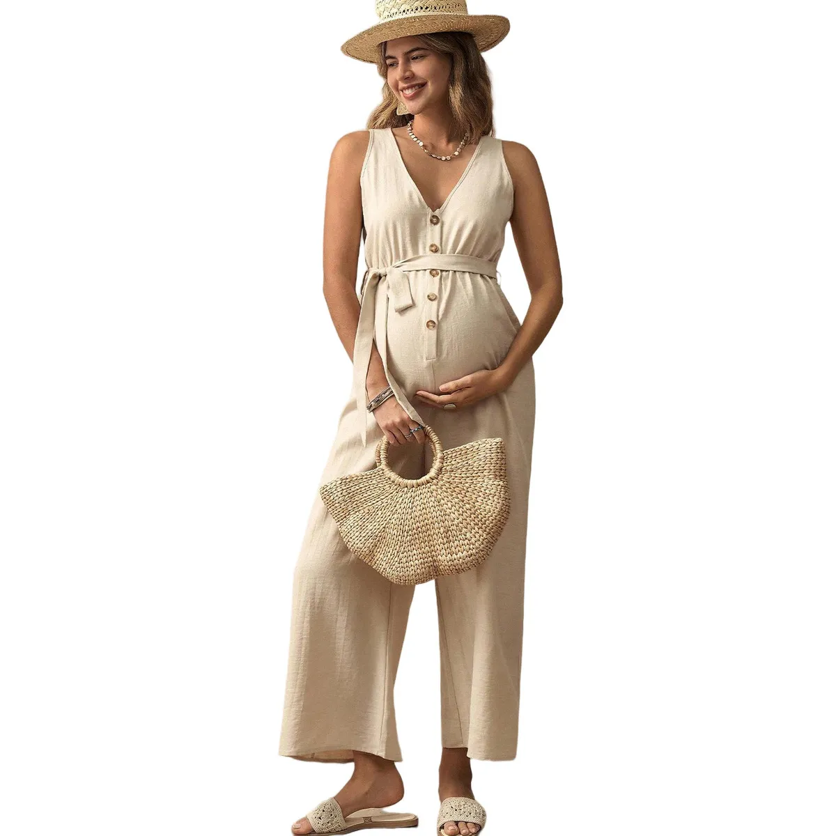 Pregnant Women Casual Solid Color Sleeveless Belted Loose Jumpsuit