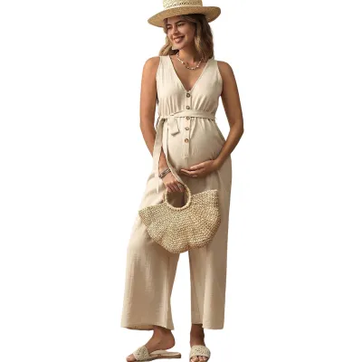 Pregnant Women Casual Solid Color Sleeveless Belted Loose Jumpsuit