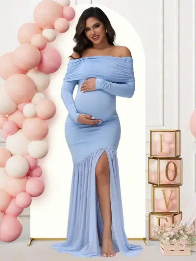 Pregnant Women Elegant Solid Color Mesh Stitching Off-Shoulder Long-Sleeve Slim-Fit Maternity Dress