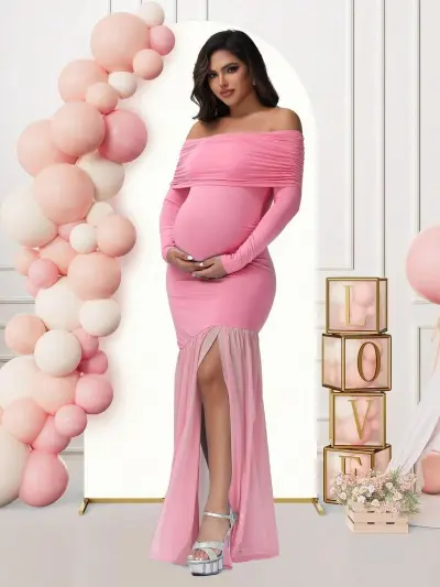 Pregnant Women Elegant Solid Color Mesh Stitching Off-Shoulder Long-Sleeve Slim-Fit Maternity Dress