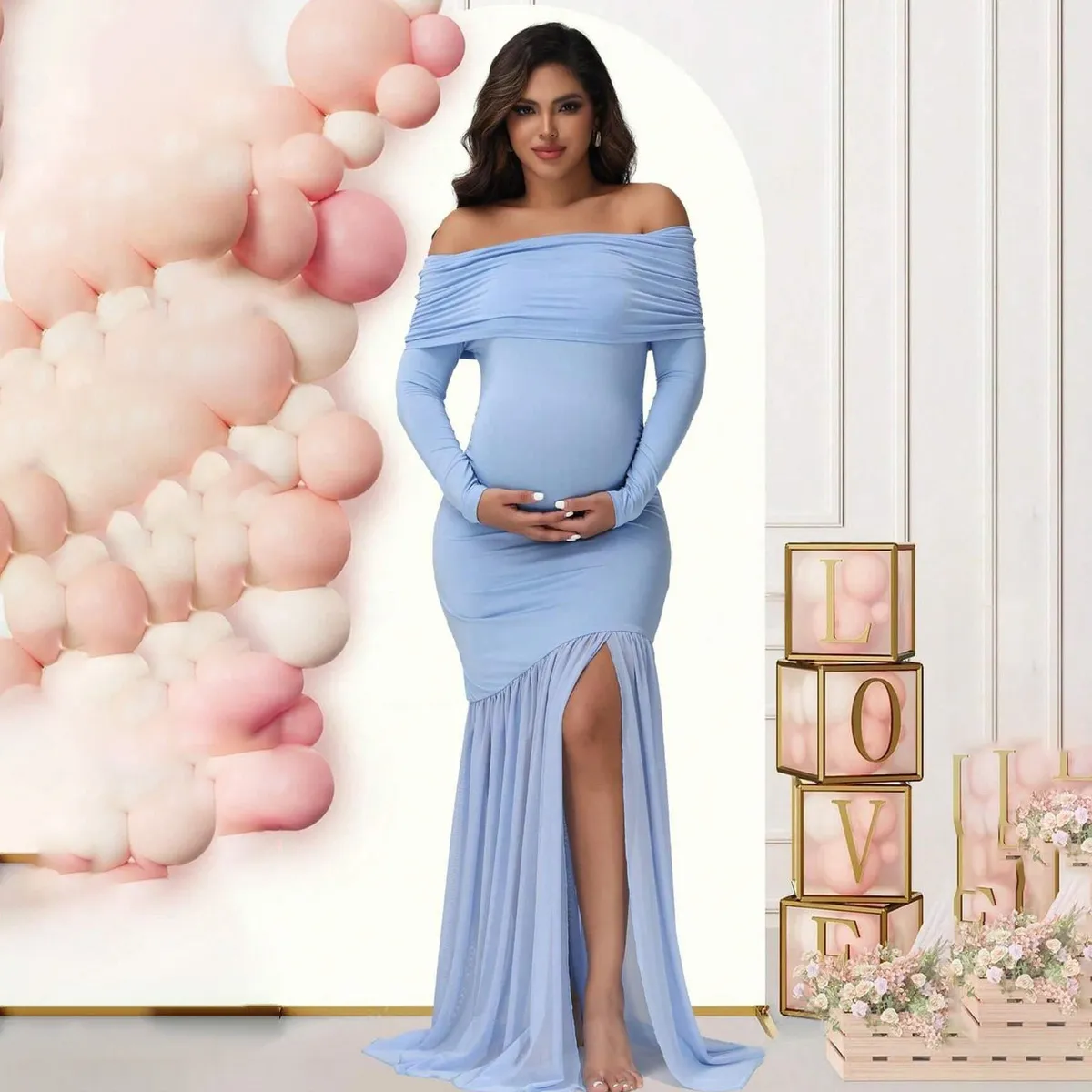 Pregnant Women Elegant Solid Color Mesh Stitching Off-Shoulder Long-Sleeve Slim-Fit Maternity Dress