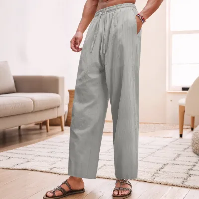 Men Fashion Casual Linen Solid Color Lace-Up Wide Leg Loose Pants
