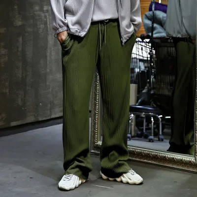 Men Fashion Casual Spring And Autumn Jacquard Stripe Drawstring Wide-Leg Pants