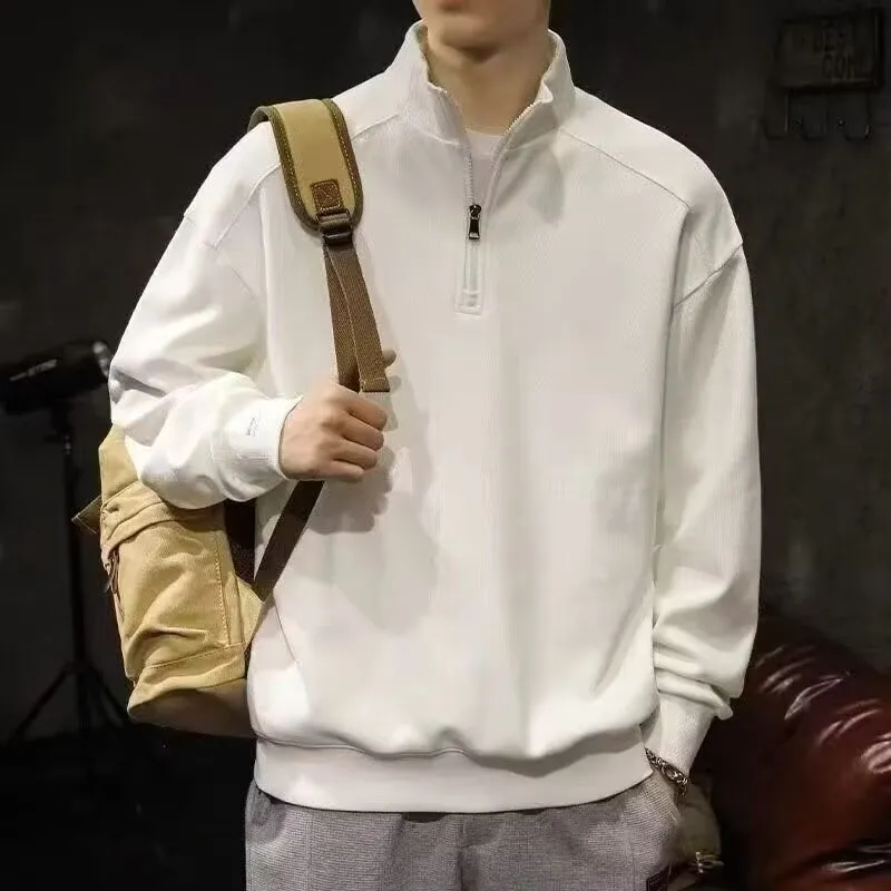 Men Fashion Casual Solid Color Stand Collar Half Zip Long Sleeve Sweatshirt