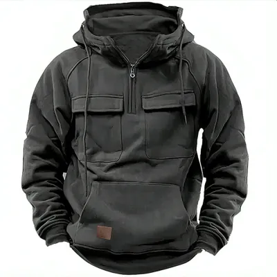 Men Fashion Casual Autumn Winter Solid Color Multi-Pocket Long Sleeve Hoodie