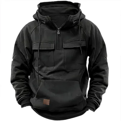 Men Fashion Casual Autumn Winter Solid Color Multi-Pocket Long Sleeve Hoodie