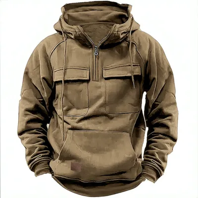 Men Fashion Casual Autumn Winter Solid Color Multi-Pocket Long Sleeve Hoodie