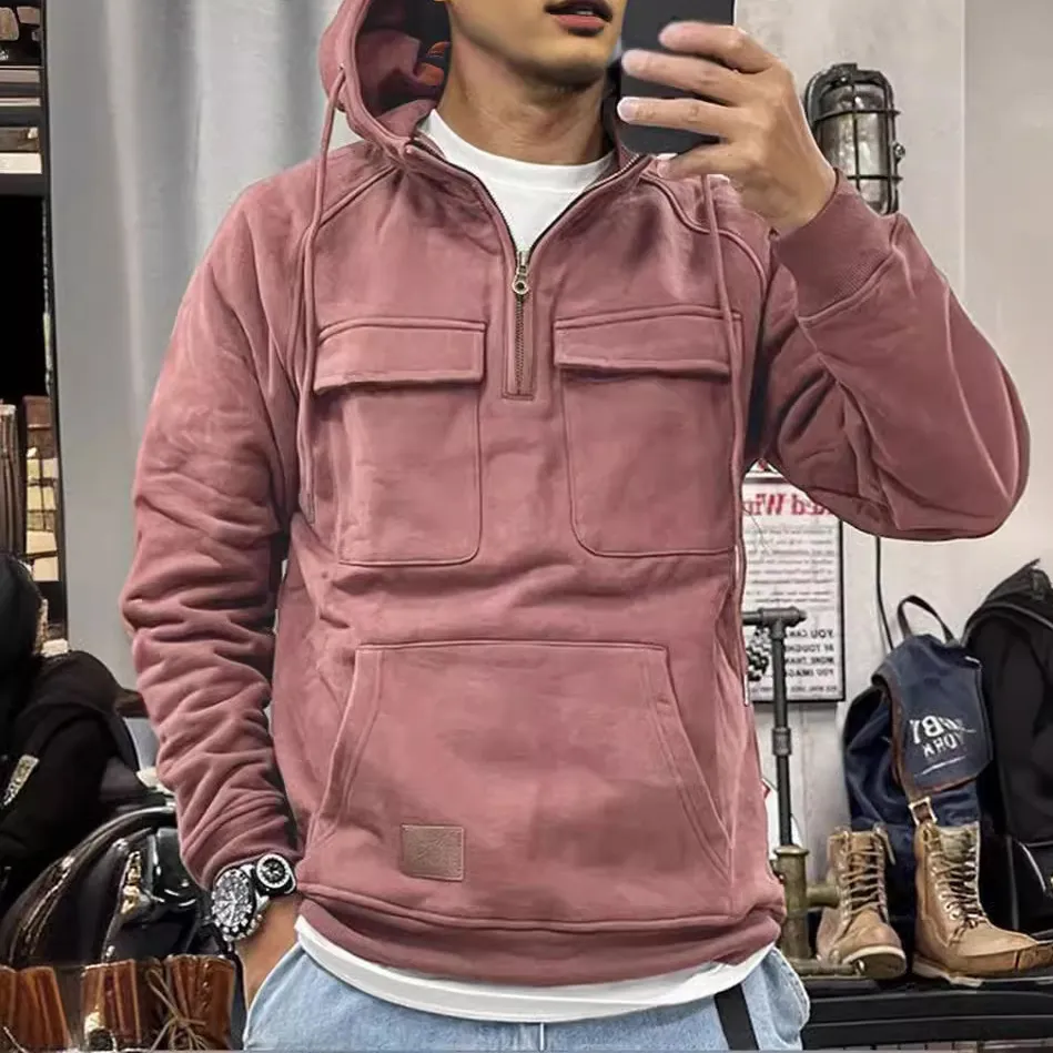 Men Fashion Casual Autumn Winter Solid Color Multi-Pocket Long Sleeve Hoodie