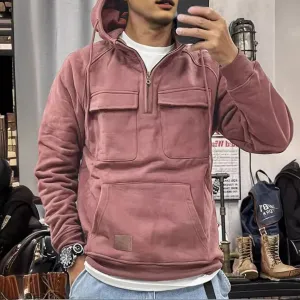Men Fashion Casual Autumn Winter Solid Color Multi-Pocket Long Sleeve Hoodie