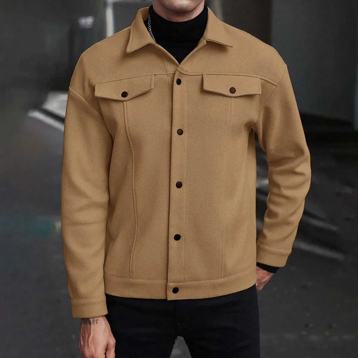Men Fashion Casual Autumn Winter Solid Color Lapel Long-Sleeve Business Jacket