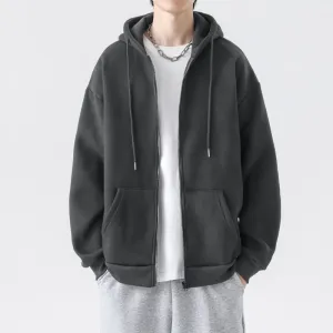 Men Fashion Casual Spring Autumn Solid Color Long-Sleeve Loose Hoodies Cardigan Crewneck Polyester