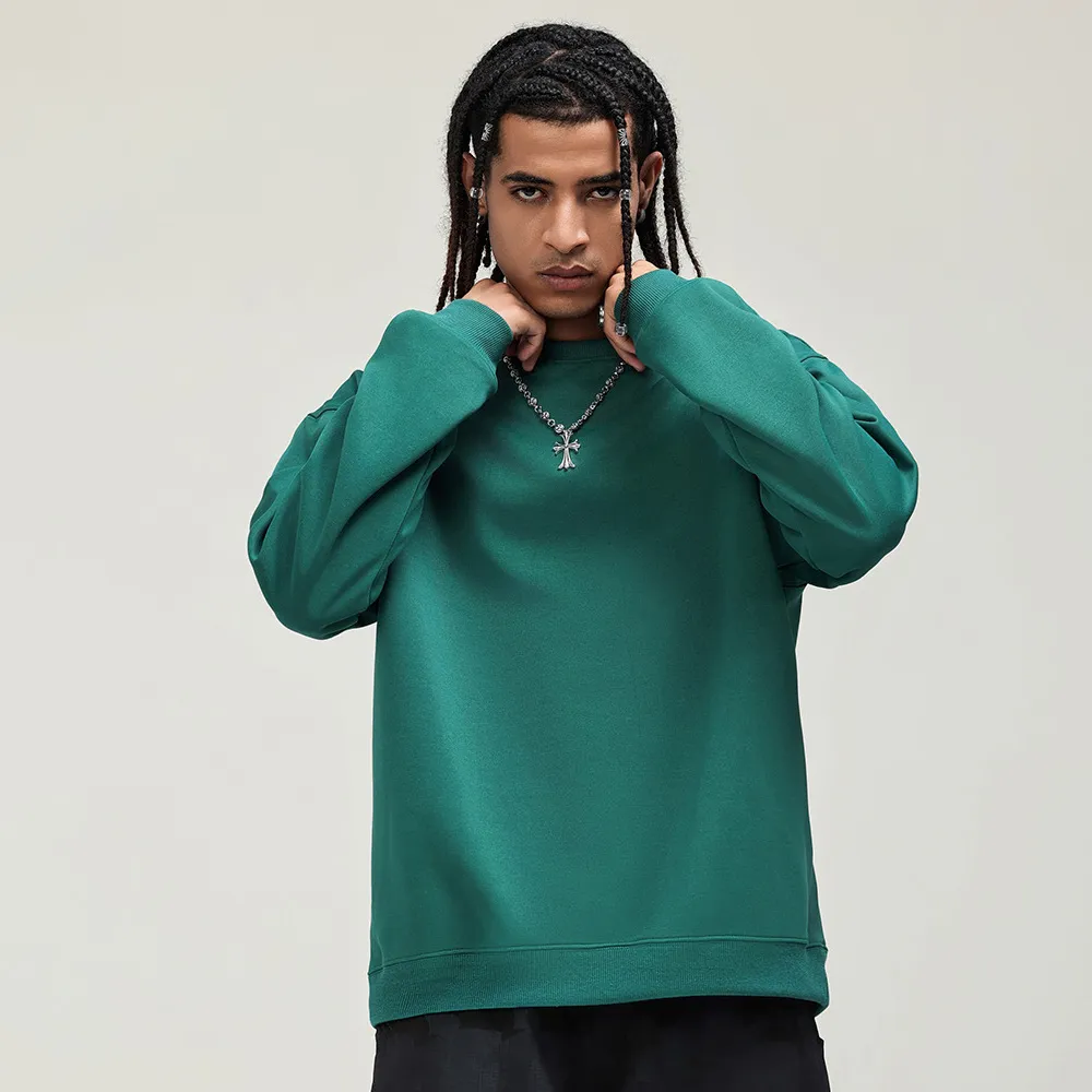 Men Fashion Casual Solid Color Round-Neck Long-Sleeve Loose Fit Pullover Sweatshirt
