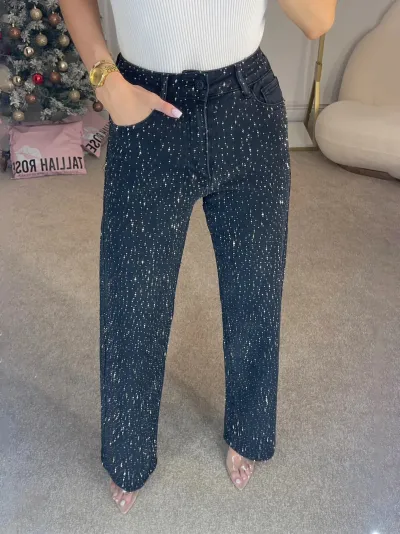 Women Fashion Casual Rhinestone High Waist Straight Jeans