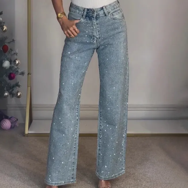 Women Fashion Casual Rhinestone High Waist Straight Jeans