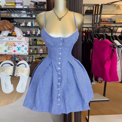Women Fashion Sexy Irregular Blue Stripe Spaghetti Strap Single-Breasted Dress