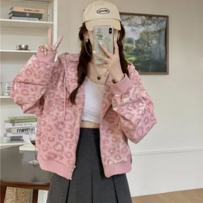 Autumn Pink Leopard Hooded Cardigan Jacket Coat