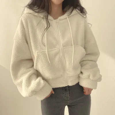 Women Autumn Winter Thickened Loose Plush Crop Zipper Hoodie