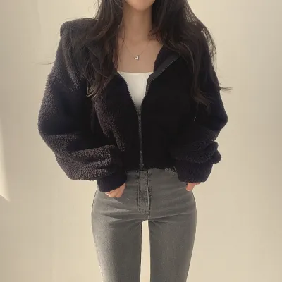 Women Autumn Winter Thickened Loose Plush Crop Zipper Hoodie