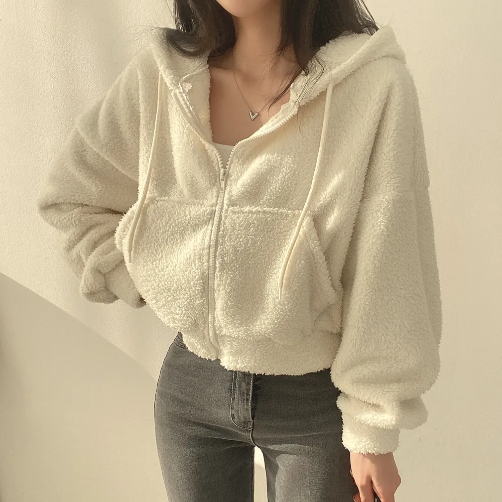 Women Autumn Winter Thickened Loose Plush Crop Zipper Hoodie