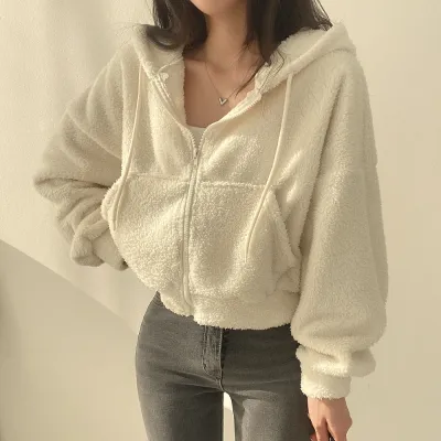 Sudadera con capucha y cremallera holgada y gruesa de felpa para mujer, otoño e invierno