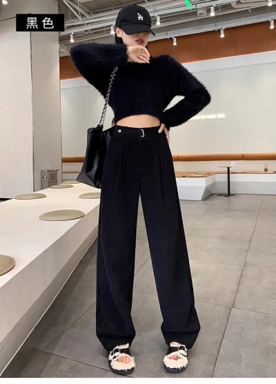 Women Fall Winter Camel Corduroy Straight Leg Pants