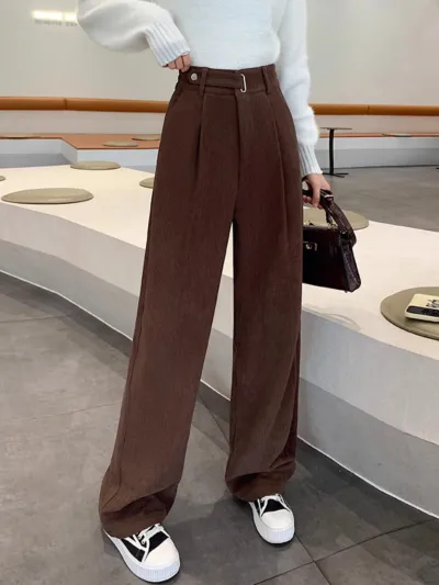 Women Fall Winter Camel Corduroy Straight Leg Pants