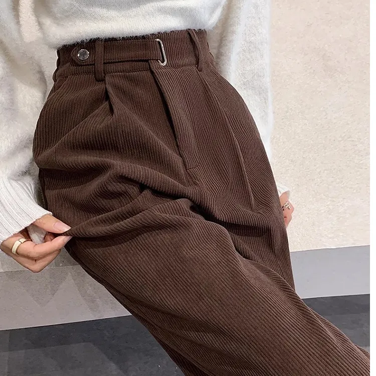 Women Fall Winter Camel Corduroy Straight Leg Pants
