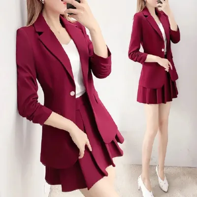 Women Elegant Blazer Pleated Skirt Two-Piece Set