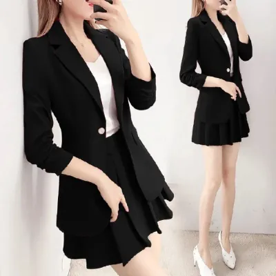 Women Elegant Blazer Pleated Skirt Two-Piece Set