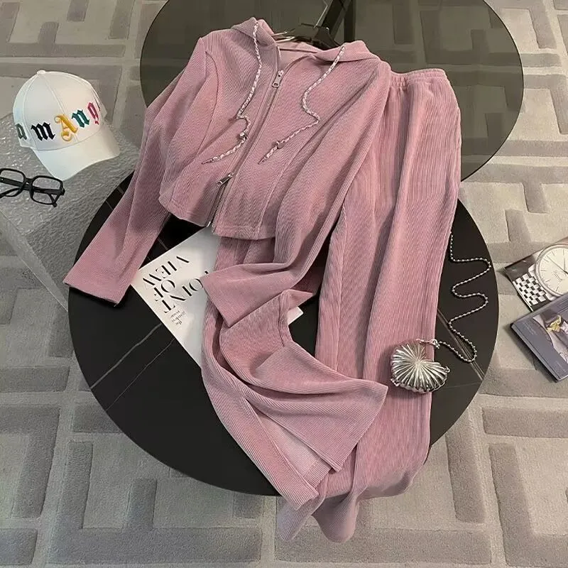 Casual Sports Athleisure Women Loose Zipper Hoodie Wide-Leg Pants Two-Piece Set