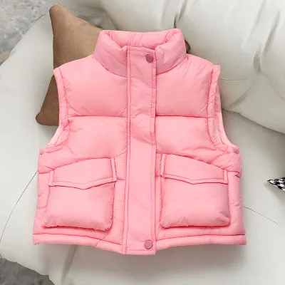 Kids Autumn Winter Cute Solid Color Sleeveless Down Vest Zipper Closure Thickening Nylon Polyester