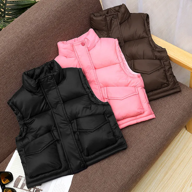Kids Autumn Winter Cute Solid Color Sleeveless Down Vest Zipper Closure Thickening Nylon Polyester