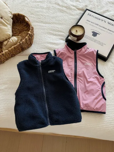 Kids Autumn Winter Fashion Sleeveless Fleece Vest with Letter Print Zipper