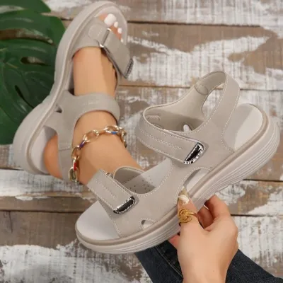 Women Fashion Casual Solid Color Peep Toe Velcro PU Platform Sandals